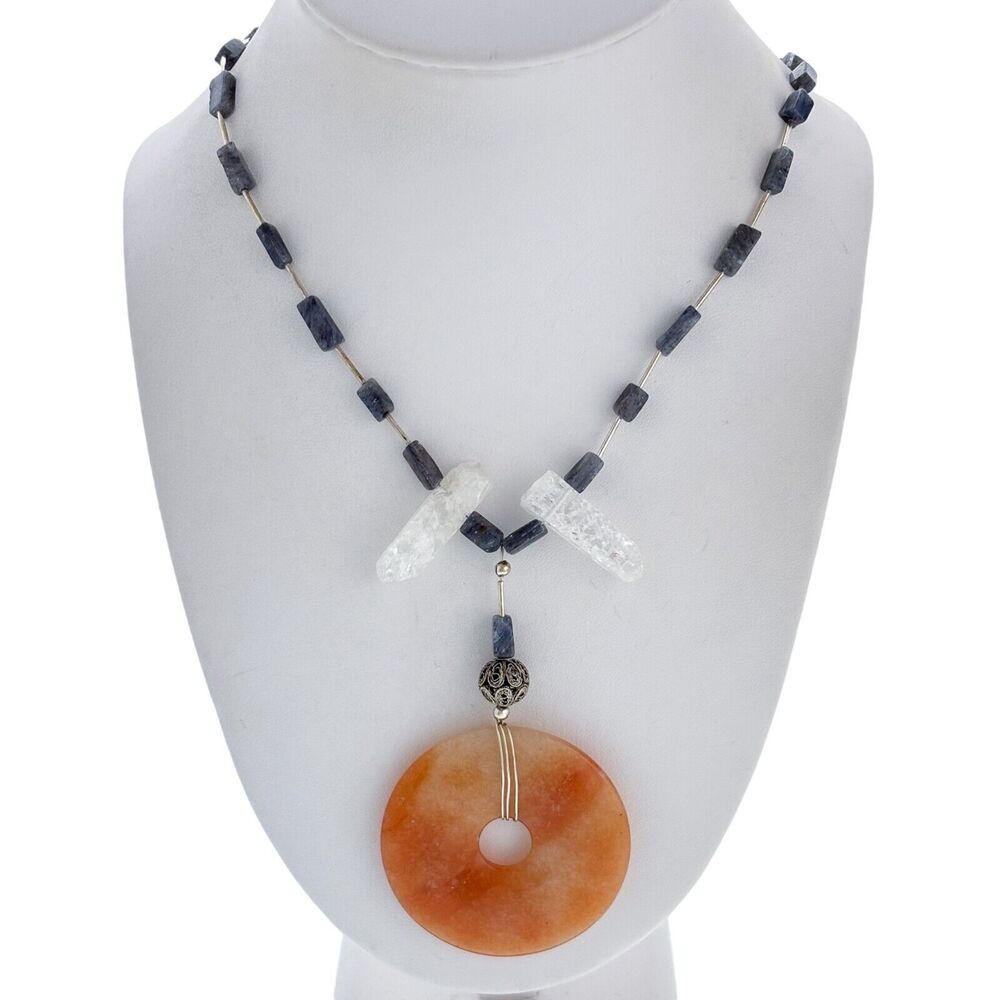 Vintage Sterling Silver Jade Quartz Donut Pendant Necklace 18"